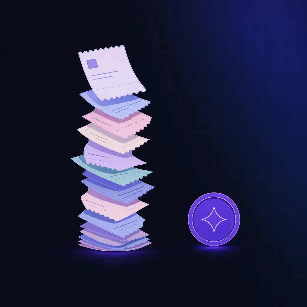 A leaning stack of SaaS receipt slips balanced against a single one-time-purchase token
