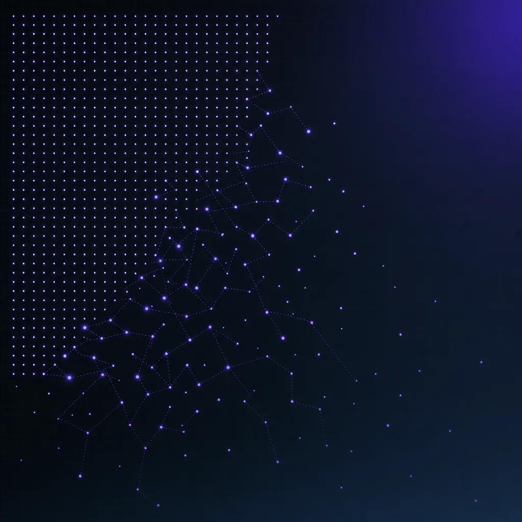 A grid of bright pixels dissolving into scattered fading dots, representing conversion tracking loss