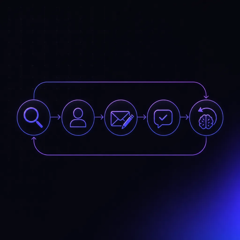 Five connected stages of an outbound loop with a return arrow back to discovery