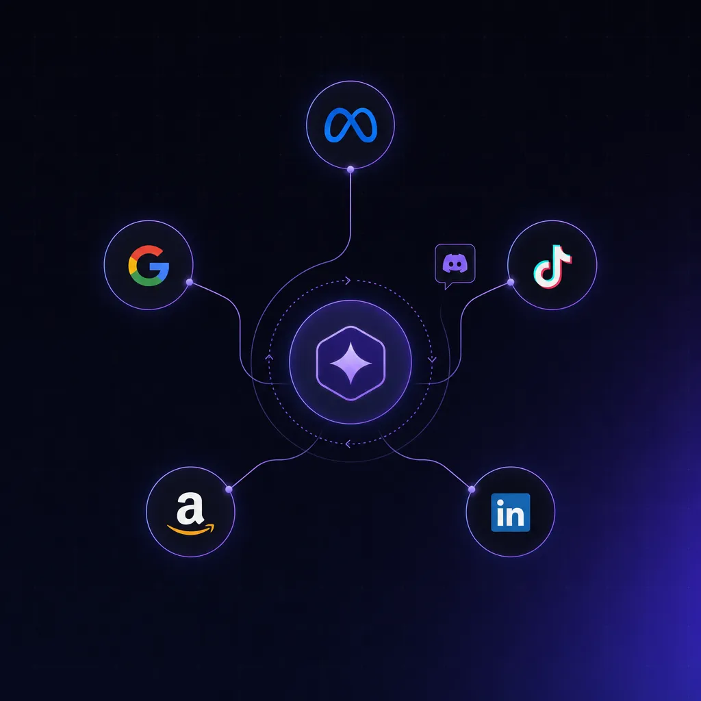 An orchestrator node feeding five ad-platform channels with a HITL approval bubble
