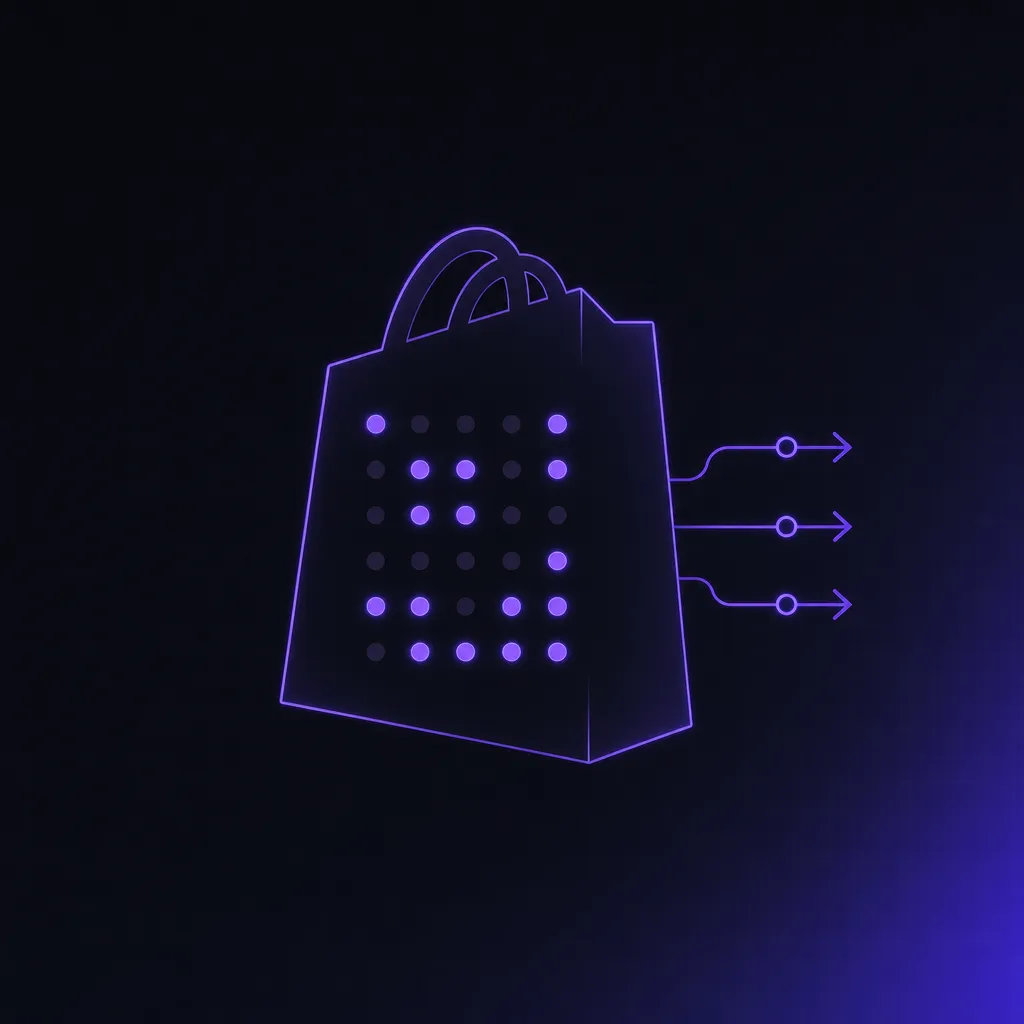 A Shopify-bag silhouette holding 33 scope dots with three GDPR webhook arrows