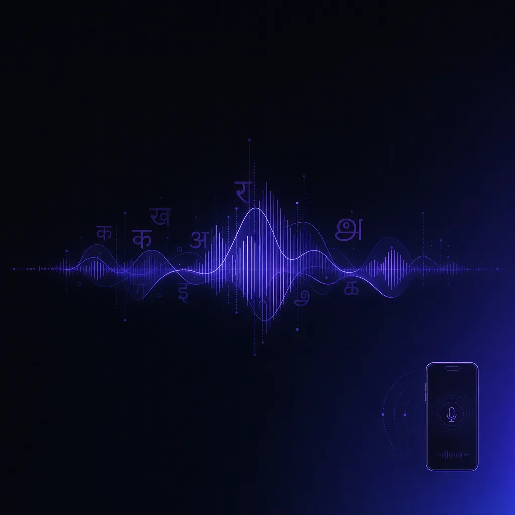 Audio waveform threading through Devanagari and Tamil script characters with a phone icon